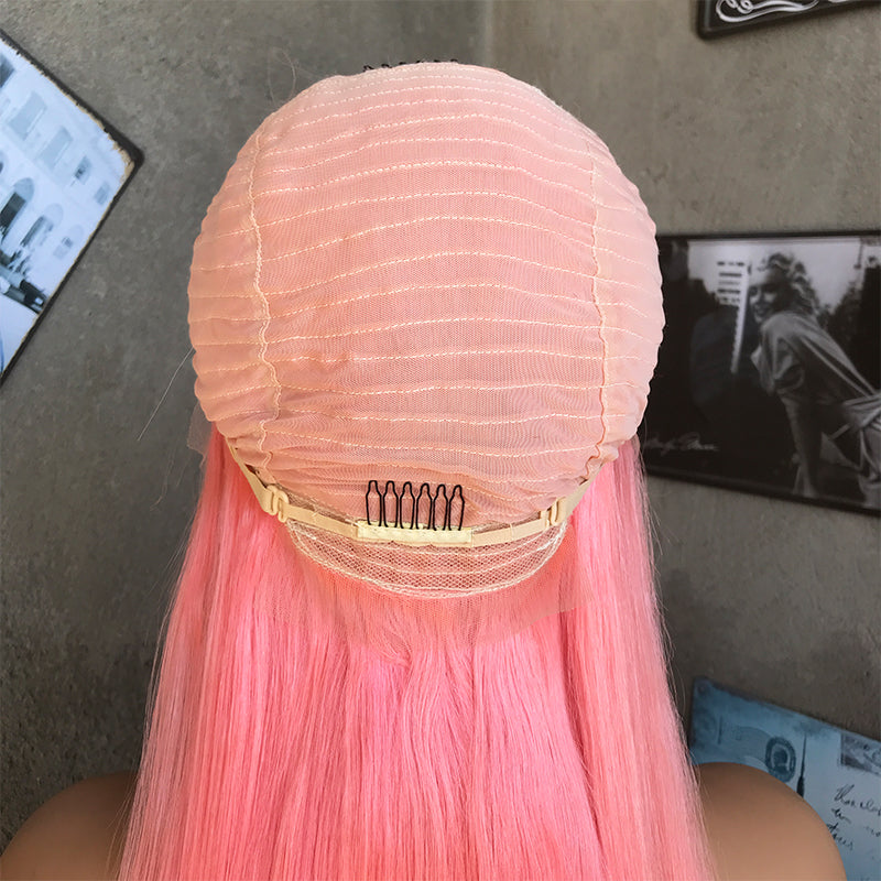 18" Pink Long Straight Lace Front Human Hair Wigs