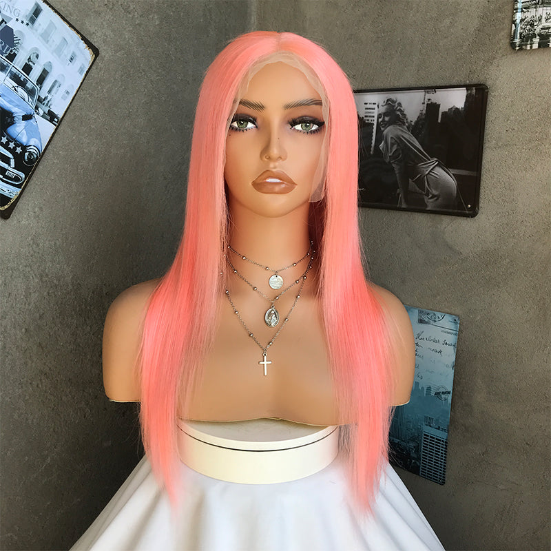18" Pink Long Straight Lace Front Human Hair Wigs