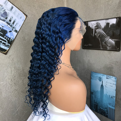 22" Blue Deep Wave Lace Front Human Hair Wigs