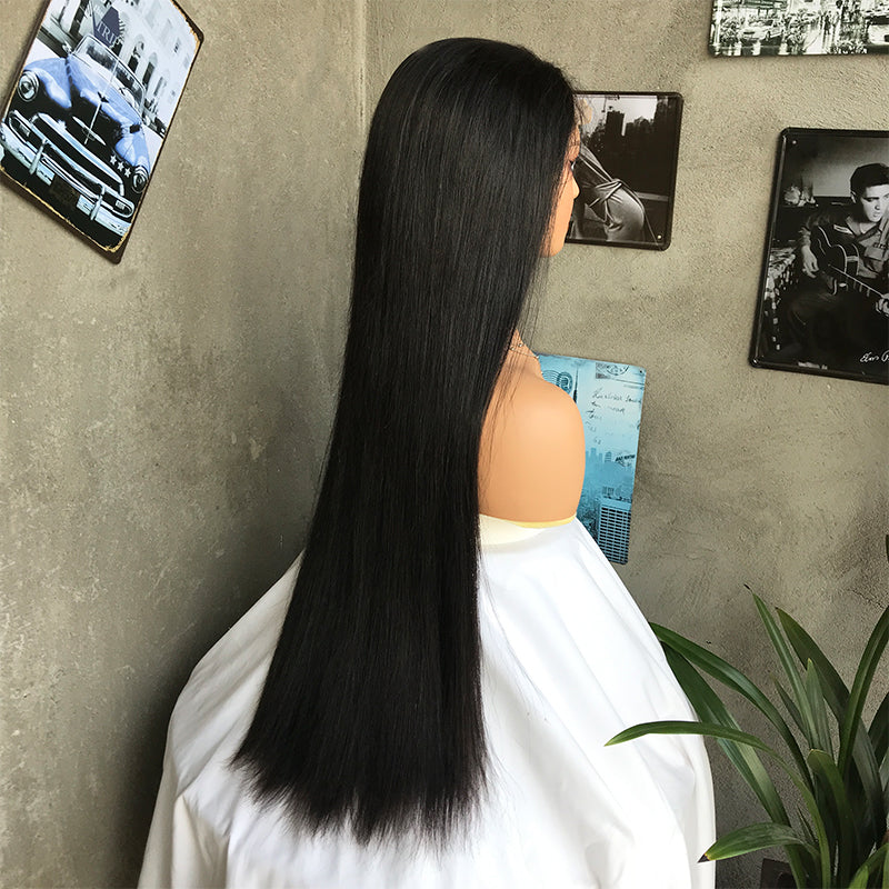 24" Natural Black Long Straight Lace Front Human Hair Wigs