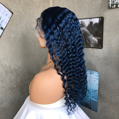 22" Blue Deep Wave Lace Front Human Hair Wigs