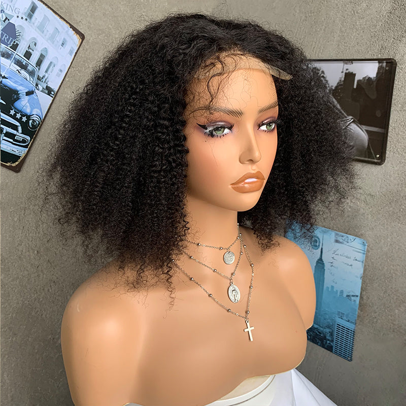 16" Natural Black  Kinky Curly Lace Front Human Hair Wigs