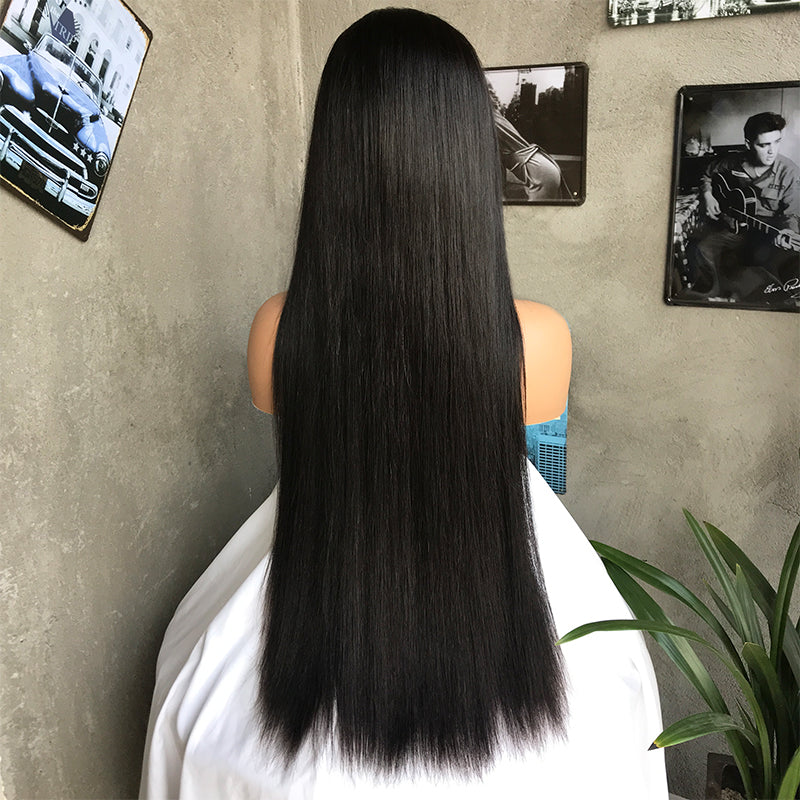24" Natural Black Long Straight Lace Front Human Hair Wigs