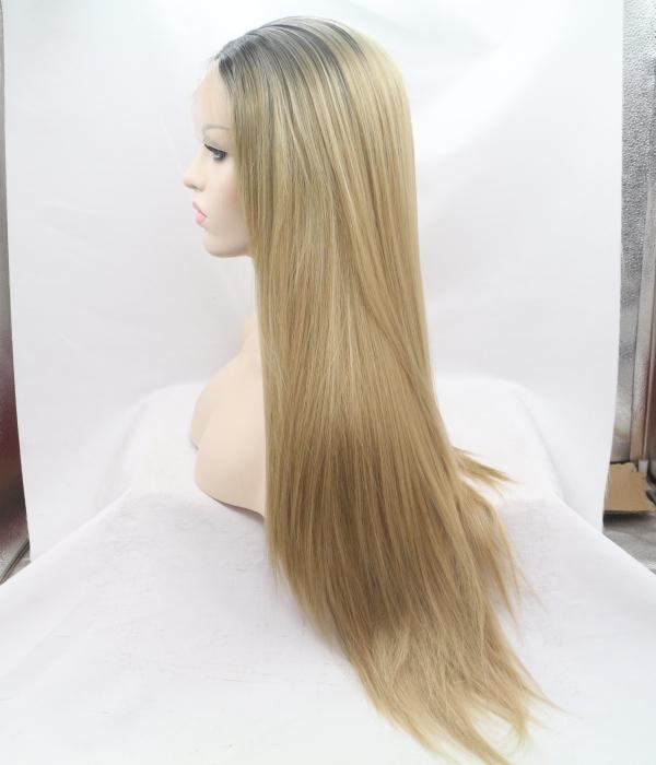 26" Blonde Straight Lace Front Human Hair Wigs With Black Rooted