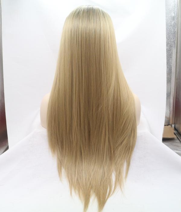 26" Blonde Straight Lace Front Human Hair Wigs With Black Rooted