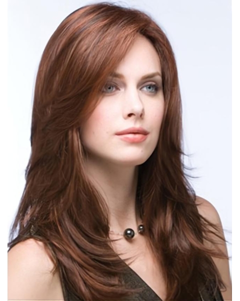Auburn Layered Long Straight 100% Hand-Tied Mono Top Heat Friendly Synthetic Women Wigs