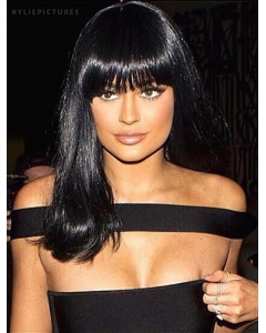 14'' Long Straight  Lace Front Black With Bangs Remy Human Hair Kylie Jenner Inspired Women Wigs 14'' Long Straight  Lace Front Black With Bangs Remy Human Hair Kylie Jenner Inspired Women Wigs
