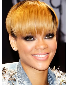 8'' Short Straight with Bangs Rihanna Watermelon Taro Style Lace Front Human Hair Women Wig  8'' Short Straight with Bangs Rihanna Watermelon Taro Style Lace Front Human Hair Women Wig