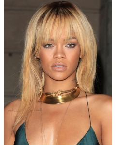 18'' Rihanna Gorgeous Blonde Long Layered Straight with Bangs Lace Front 100% Human Remy Human Hair Women Wig  18'' Rihanna Gorgeous Blonde Long Layered Straight with Bangs Lace Front 100% Human Remy Human Hair Women Wig