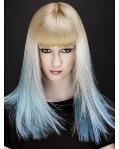 20 Inches Long Straight With Bangs Blonde to Blue Lace Front 100% Human Hair Women Ombre Wigs  20 Inches Long Straight With Bangs Blonde to Blue Lace Front 100% Human Hair Women Ombre Wigs