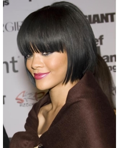 Rihanna Chin-length 100% Human Remy Hair Straight Lace Bob Wig with Bangs Rihanna Chin-length 100% Human Remy Hair Straight Lace Bob Wig with Bangs