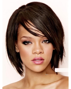 Rihanna Transformational Straight Short with Bangs Angled Lace Human Hair Women Bob Wig  Rihanna Transformational Straight Short with Bangs Angled Lace Human Hair Women Bob Wig