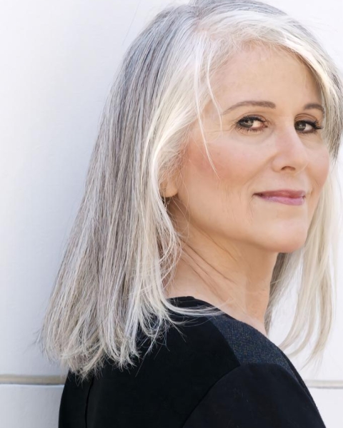 Shoulder Length Straight Mature Hand Tied Human Hair Women Grey Wigs  