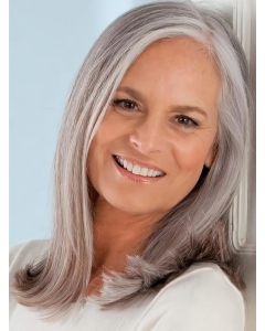 Shoulder Length Straight Without Bangs  Hand Tied Human Hair Grey Lady Wigs Shoulder Length Straight Without Bangs  Hand Tied Human Hair Grey Lady Wigs
