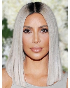 Straight Without Bangs Medium Length Lace Front Synthetic Grey Kim Kardashian Wigs  Straight Without Bangs Medium Length Lace Front Synthetic Grey Kim Kardashian Wigs