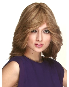 Brown Wavy With Bangs Shoulder Length Monofilament Human Hair Women Wig Brown Wavy With Bangs Shoulder Length Monofilament Human Hair Women Wig