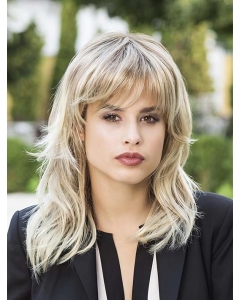 Platinum Blonde Wavy With Bangs Medium Length Capless Synthetic Women Wigs Platinum Blonde Wavy With Bangs Medium Length Capless Synthetic Women Wigs