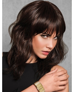 Medium Brown Wavy With Bangs Capless Synthetic Wigs For Women Medium Brown Wavy With Bangs Capless Synthetic Wigs For Women