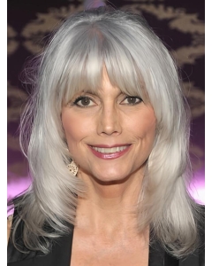 Silver Lady Shoulder Length Wavy With Bangs Lace Front Synthetic Grey Women Wigs Silver Lady Shoulder Length Wavy With Bangs Lace Front Synthetic Grey Women Wigs