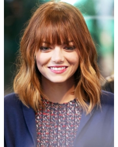 Incredible Shoulder Length Wavy With Bangs Lace Front Copper Human Hair Lady Wigs  Incredible Shoulder Length Wavy With Bangs Lace Front Copper Human Hair Lady Wigs